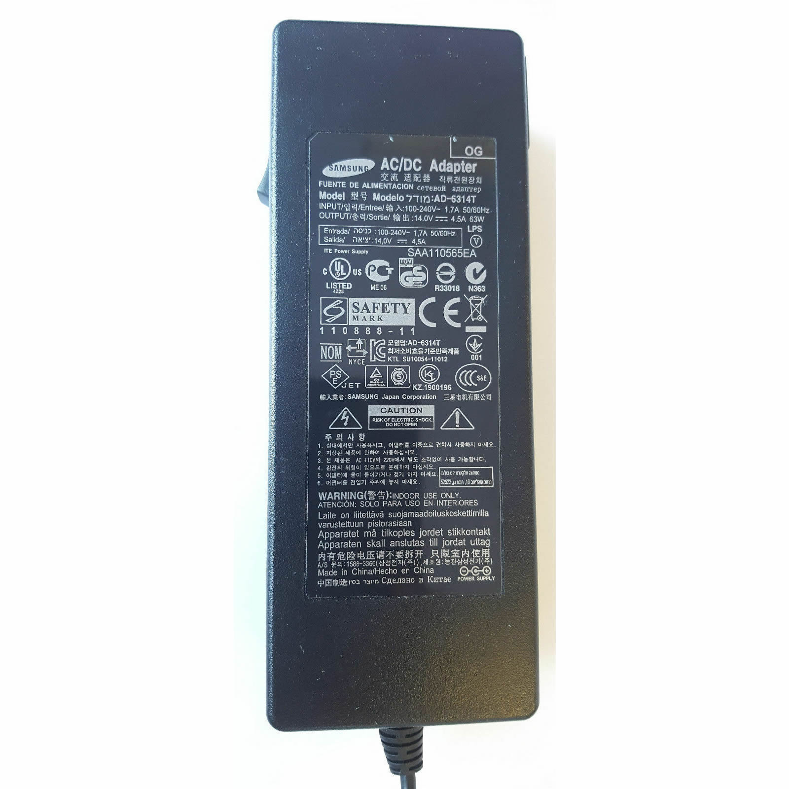 Samsung 14V 4.5A 63W AD-6314T AD-6314C Original Ac Adapter for S24A300B S27B350H C24B550U TC220 LCD Monitor