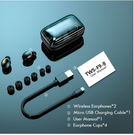 TWS Bluetooth 5.0 Earphones F9-8 2200mAh Waterproof Earbuds Headset With Microphone
