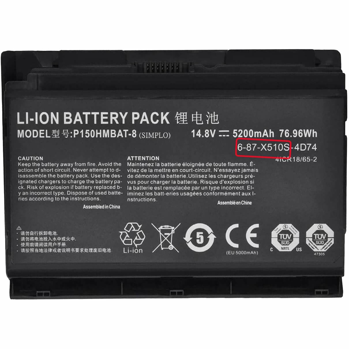 Clevo P150HMBAT-8 P150EM 6-87-X510S-4D72 PC Replace Battery 14.8V 5200mAh for Sager Np8268-s